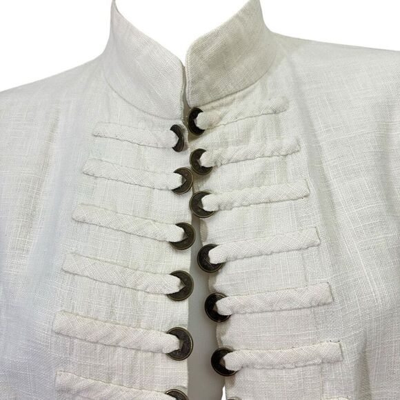 Peacock Ways Cream Black Trim Linen Mandarin Collar Open Blazer Coin sz L VTG - Picture 3 of 10